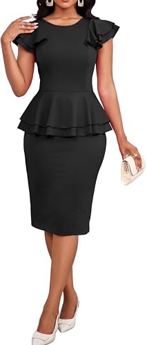 Image of Dresses for Women Elegant Long Sleeves Ruffles Pencil Knee Length Split Business Dress with Belt Zipper