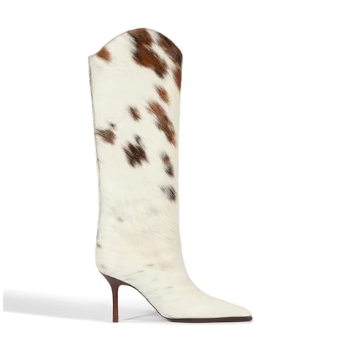 OMLISHZTY Brown Cow Print Knee High Boots for Women Pointed Toe Kitten Stiletto Heels Wide Calf Tall Pull on Sexy Boots