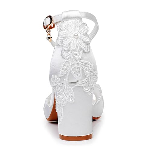 Generic Wedding Bride Shoes Women's Bridal Shoes Open Toe Chunky Heel Lace Satin Ankle Strap Comfortable Wedding Dress Pump 7.5Cm4