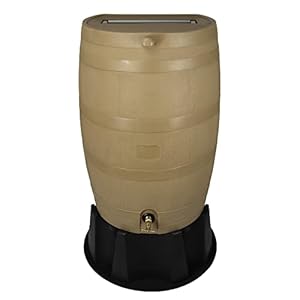 Polyethylene 50 Gallon Flat Back Rain Barrel with Stand, Oak