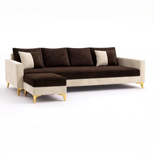 Image of Classiq Rich 5 Seater L Shape Sofa Set with Movable Ottoman | Flexible Layout | Spacious Soft Touch Seating | Designer Sofa for Living Room (Dark Brown & Cream)