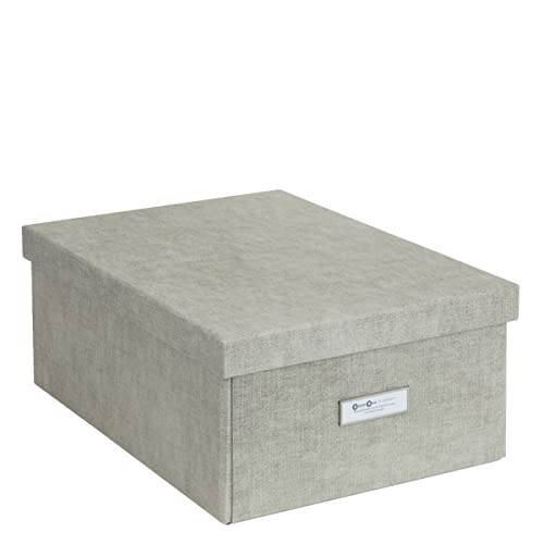 Bigso Box of Sweden KATIA średniej wielkości pudełko do przechowywania z pokrywką – stabilny organizer z płyty pilśniowej i papieru o wyglądzie lnu, praktyczne składane pudełko z ramką na etykiety,