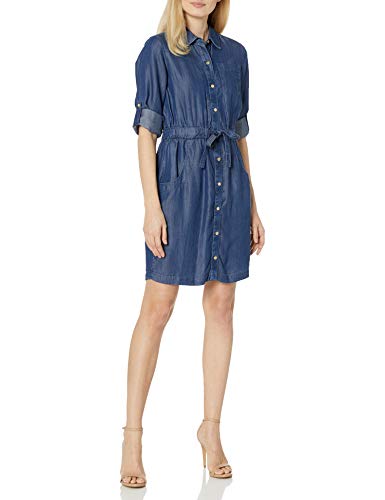 Calvin Klein Women's Long Sleeve Shirt Dress with Elastic Waist, Blue, 4