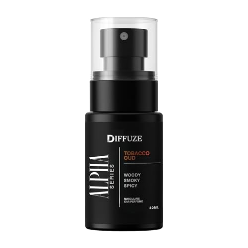 Image of DIFFUZE ALPHA Series Tobacco Oud Car Perfume Spray with Hanging Card - 30 ml | Premium Masculine Car Fragrance for Men | Long Lasting Woody Tobacco & Oud Scent | Made in India