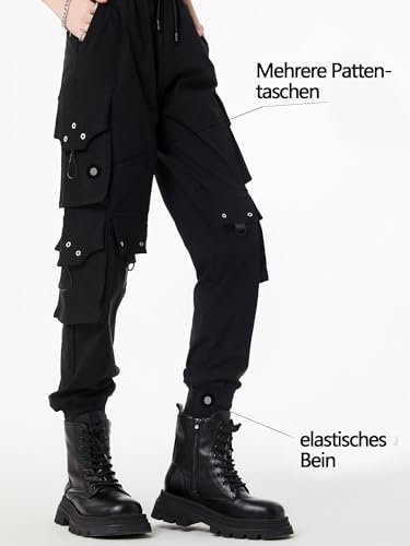CLOAKA Cargohose Damen Hosen Jogginghose Hose Baggy Weites Bein Y2k Pants Outdoor High Waist Stretch Cargo Techwear Streetwear Bequeme Große Größen Gothic Breite Gummizug Cargohosen Print Schwarz 3XL
