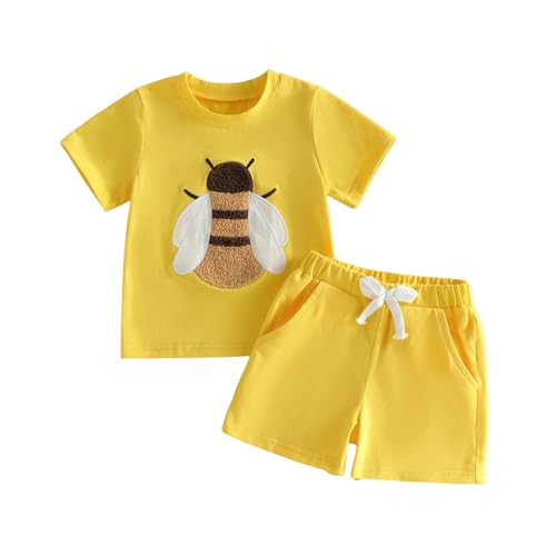 Lefyira Baby Girl Boy Summer Clothes Bee Print Top Short Sleeve Floral Shirt and Shorts Set Infant Toddler Cowgirl Outfit (15 Yellow 2-3T)