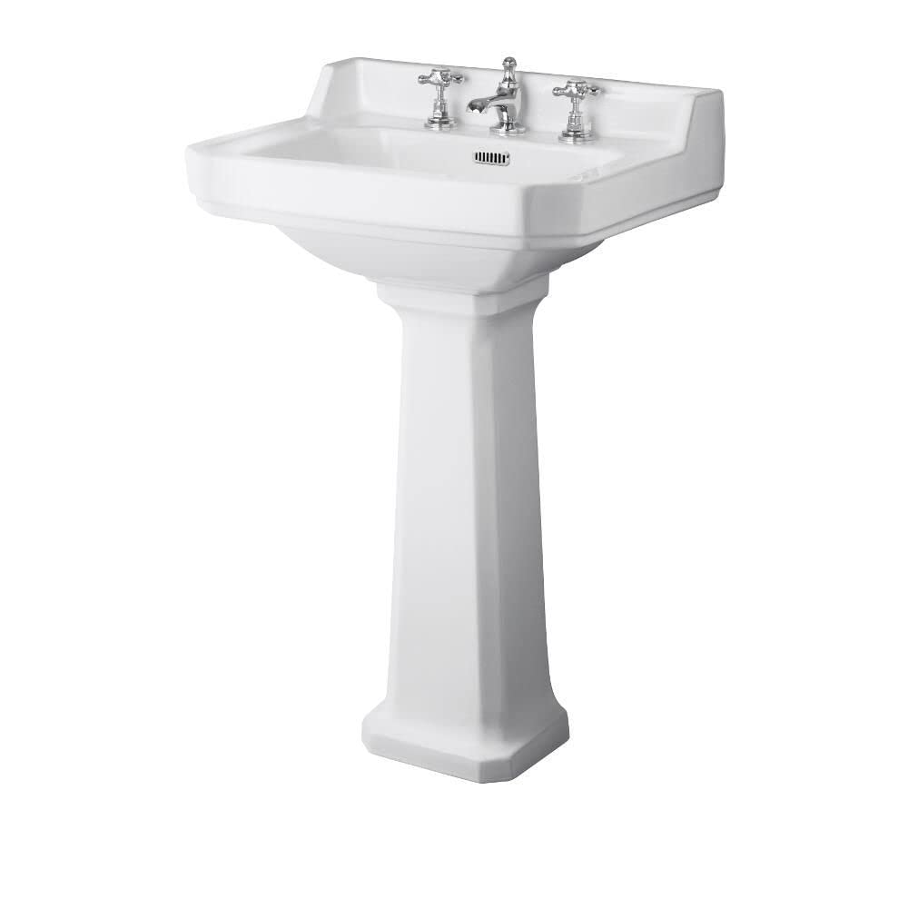 Milano White Richmond Comfort Height Full Pedestal 3 Tap Hole Bathroom Basin Sink - 560Mm X 450Mm
