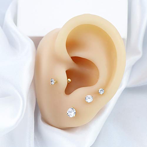 Cocharm 14K Real Gold Tragus Earring Stud 16G Round Cubic Zirconia Helix Stud Rings For Women Cartilage Earring Studs Conch Piercing Jewelry 3Mm #TOP3