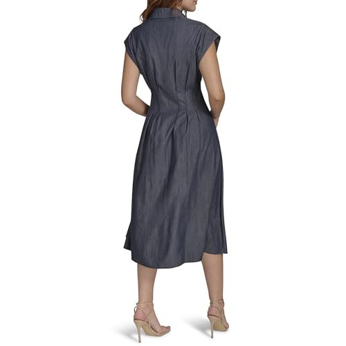 Image of Tommy Hilfiger Women's Cap Sleeve Collared Waist Pleating A-Line Midi Shirt Dress