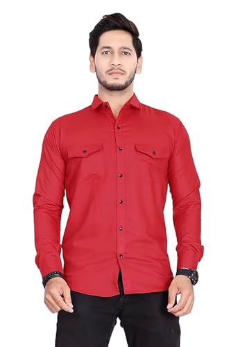 Image of Men's Cotton Spread Collar Full Sleeve Regular Fit Solid Casual Shirt with Double Pockets - Stylish Comfortable Shirt for Everyday Wear