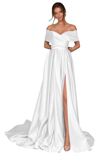 Infuness Damen Abschlusskleider Lang mit Taschen Off Shoulder Satin Ballkleider mit Korsett A-Linie Formelle Party Abendkleid