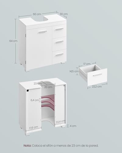 Miniatura 3 de Vasagle Mueble Bajo Lavabo, Armario De Baño, 3 Cajones, 2 Compartimentos Detrás De La Puerta, Con Pies, 30 X 60 X 64 Cm, Blanco Nube Bbk514wb01