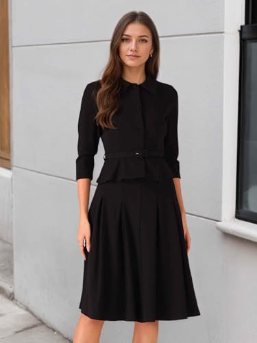 Allegra K Business Skirt Suit Sets for Women's 2 Piece Outfits Office 3/4 Sleeve Blazer Jacket Pleated Skirts3