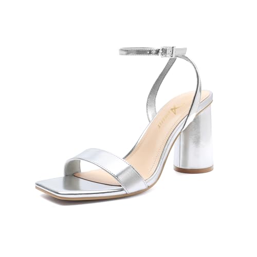 Athlefit Silver Heels for Women Chunky Block Heeled Sandals Peep Toe Ankle Strap Dressy Summer Metallic Prom Heels Size 8