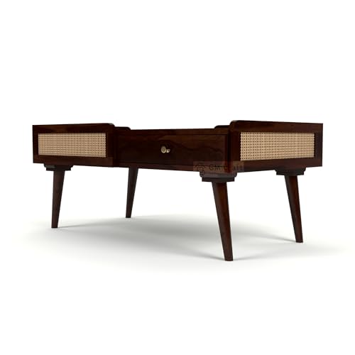 Image of Solid Sheesham Wood Coffee Table for Living Room | Centre Table with Storage Drawer & Cane Work | Modern Wooden Table for Home Office | 40.5x22x18 Inch | Walnut Finish