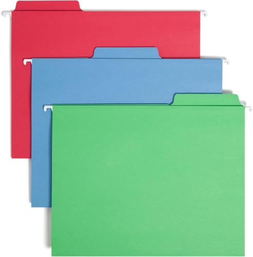 Image of Smead FasTab Hanging File Folder, 1 /3-Cut Built-in Tab, Letter Size, Assorted Primary Colors, (64053) 18 Count (Pack of 10)