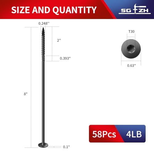 Image of #14 x 8 Inch Outdoor Structural Wood Deck Screws (58Pcs /4lb), Carbon Steel, Black, Flat Head, Rust Resistant Epoxy Coated, T30 Star Bit