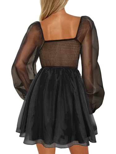 Aisbei Women's Square Neck Puff Sleeve Babydoll Dress Backless Casual A-Line Short Mini Dresses2