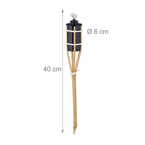 Relaxdays Set of 10 Garden Oil Torches, with Replacable Wicks, Bamboo & Iron, Outdoor Party Flares, HxØ: 40x6cm, Natural
