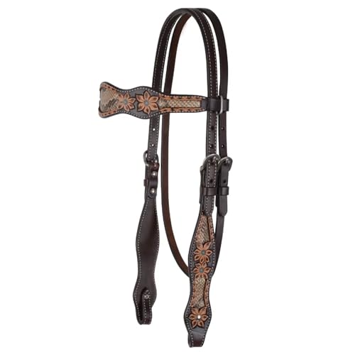 Circle Y Python Pass Browband Headstall - Equestrian Vintage Leather Hand-Tooled Floral Design Turquoise Accents Horse Browband Headstall, 1