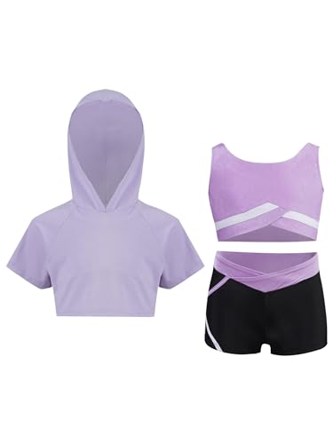 YiZYiF Kids Girls 3pcs Dance Gymnastic Outfit Athletic Tracksuit Short Hooded with Tank Top Active Shorts Set