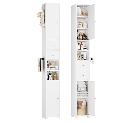 FOREHILL 181.5cm Armario Alto de Baño Armario Baño Columna Mueble Baño Estrecho, con 2 Puertas, 2 Cajones, 2 Compartimentos Abiertos, Estantes Ajustables para Espacios Pequeños Blanco, 20x20x181.5 cm