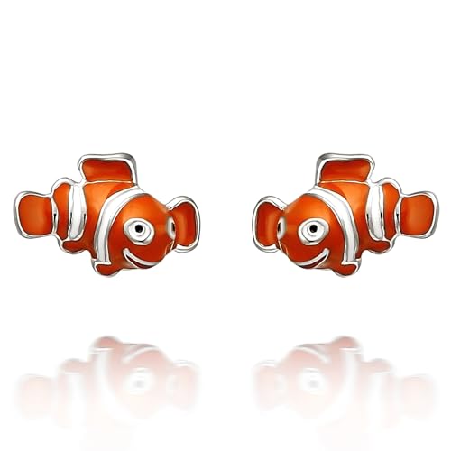 Limited Edition Solid 925 Sterling Silver LOVE TINY Cute 2D Orange Clown Fish Nemo Stud Earrings Hypoallergenic
