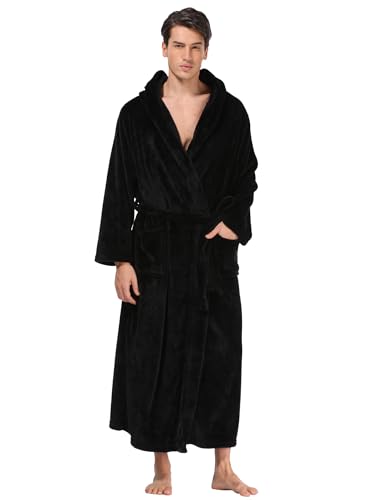 Men's Plush Hooded Bathrobe Winter Warm Fleece Robes Soft Flannel Long Robes with Pockets, Full Length4