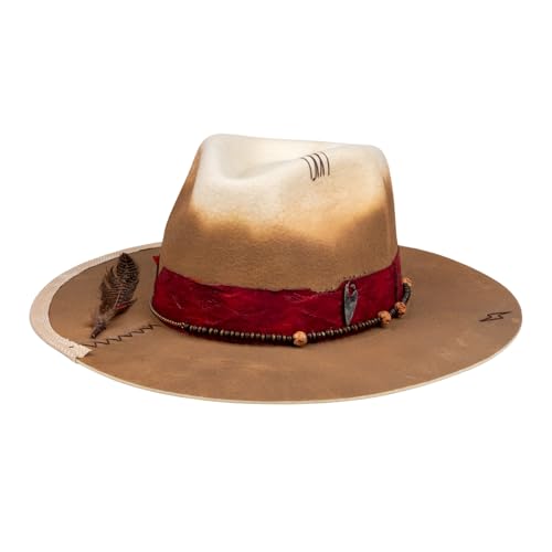 Image of RUEDIGER Vintage Wide Brim Fedora Hats 100% Wool Stiff Felt Hat Rancher Hat with Lightning Logo Handmade Distressed /Burned