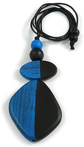 Avalaya Blue/Black Geometric Wood Pendant Black Waxed Cotton Cord - 80cm L Max/ 13cm, black, blue - Image 3