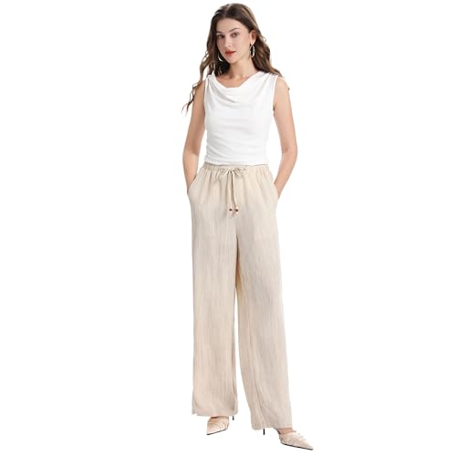 Wide Leg Linen Pants with Drawstring, Casual Palazzo Style, Beige and Black3