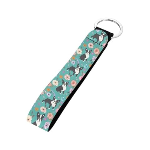 STUOARTE Boston Terrier Printed Wristlet Keychain Lanyard, Women Men Floral Print Hand Wrist Keychain Strap with Key Ring, Long Wristlet Keychain Lanyard Car Key Holder Cover