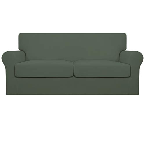 Image of Easy-Going Stretch Oversized Loveseat Couch Cover for 2 Cushion Washable | Sofa Slipcover for Stretch 2 Separate Sectional Cushion Couch - Furniture Protector for Pets, Kids Grayish Green
