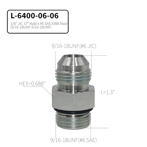 Image of 10 PACK 3 /8 inch JIC 37 Male x #6 SAE /ORB Male Pipe Steel Hydraulic Adapter Flared Tube Fitting Pipe Connector L-6400-06-06