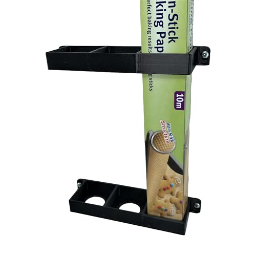 Soporte de papel de hojalata/película adhesiva/a prueba de grasa, organizador para almacenamiento de armario de cocina, montaje vertical, color negro