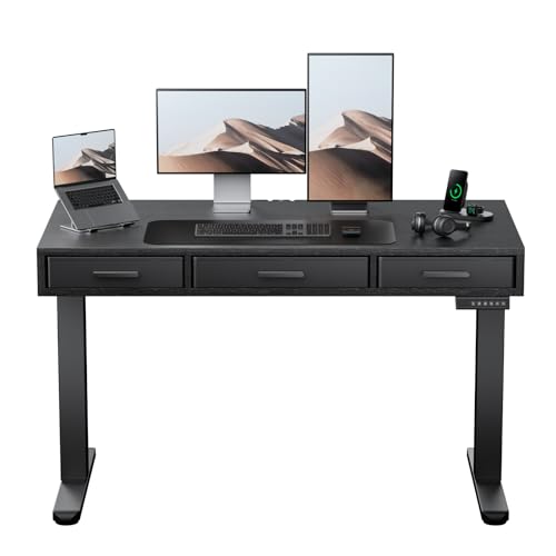 Image of HUANUO Electric Standing Desk with Drawers, C-Clamp Mount Compatible, 48 x 24 Inch Height Adjustable Sit Stand Desk, Fabric Drawers, Home Office Stand Up Desk with 4 Custom Height Settings, Black