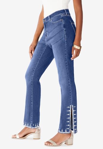 Roaman's Women's Plus Size Plus Size Invisible Stretch Rhinestone-Detail Split Flare-Leg Jean3
