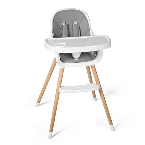 Image of TODEFULL High Chairs for Babies Toddlers, 6 in 1 Convertible Baby High Chair, Wooden Baby Feeding Chair with 5-Point Safety Harness, Double Removable Tray & Washable Cushion, Grey