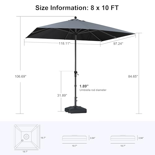 Image of PURPLE LEAF Outdoor Market Umbrella 10' x 8' Rectangle Gray 8 Sturdy Ribs