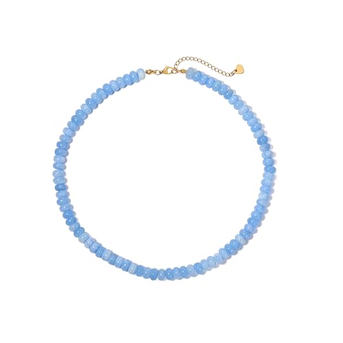 ALFISO Beaded Necklace for Women Boho Blue Gemstone Choker for Summer Beach Outfits Handmade Natural Stone Beaded 5 * 8 mm Necklaces for Layering Trendy Jewelry Gifts for Mothers Day