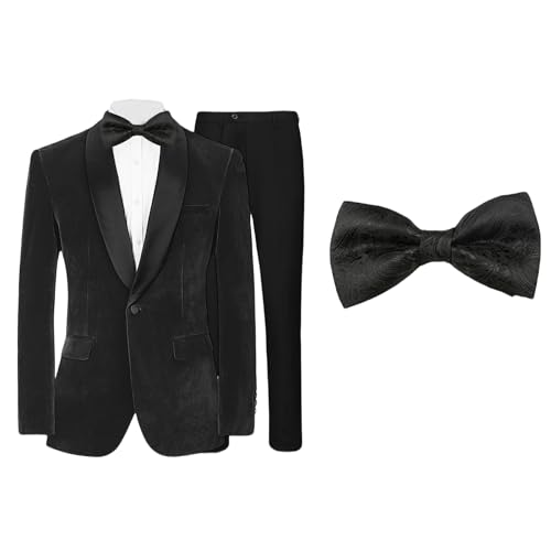Mens Suit 2 Pieces Set Slim Fit Velvet Tuxedo Jacket Pants Bow Tie with Printed Pattern for Prom Wedding Party Dinner