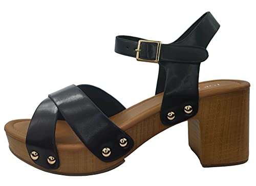 Open Toe Cross Strap Faux Wood Block Heel Sandal, Black, 8.5 #TOP1