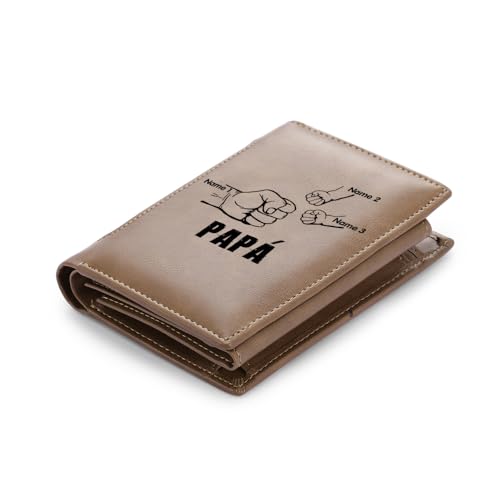 Custom Leather Wallets for Dad - Personalized Mens Fist Leather Wallet Custom Name & Text Wallet for Papa Father's Day Gifts Slim Bifold Wallet for Daddy Husband (3 NAMES)