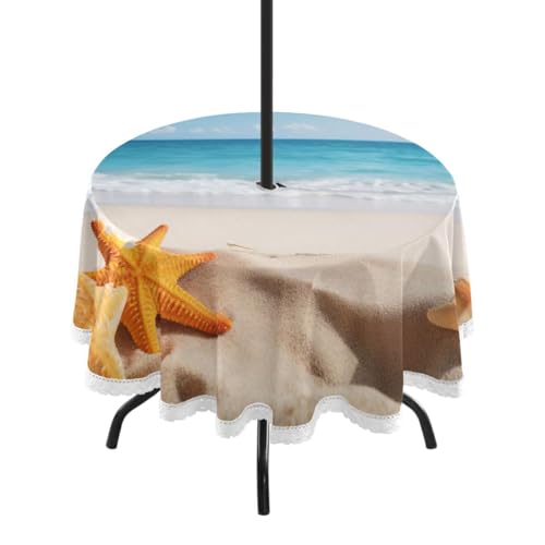 Wajiw 60 Inch Indoor Outdoor Round Tablecloth with Umbrella Hole and Zipper Waterproof Patio Table Cover for Camping Dining Room Party Outdoor Picnic,Starfis