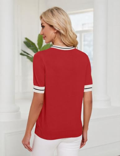 Image of Womens Knit Top Short Sleeve Sweater Work Summer Tops Cute Business Blouse | Lightweight Cute Bow Tie Sweater 2026 Chic V Neck Business Casual Outfits Tops