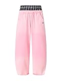 Aelfric Eden Double Waist Washed Baggy Sweatpants Loose Wide Leg Plaid Patchwork Casual Pants with Pockets Pink X-Small