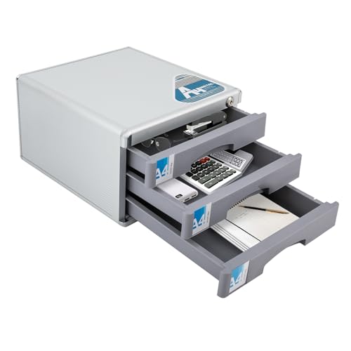 BENTFL File Cabinet with Keyed Lock, 3 Drawers Desktop Drawer Organizer, Safety File Storage Cabinet, Office Aluminum Desktop Filing Organizer for Home Office School, Silver, Grey