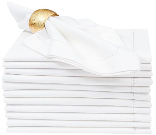 Image of Cloth Dinner Napkins-100% Cotton-18x18 inch with Hemstitched-White Color, Napkin,Cocktail Napkins,Dinner Napkins,Decorative Napkins, Mitered Corners, Machine Washable Dinner Napkins Set of 12