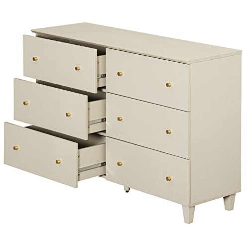 Image of WAMPAT 6-Drawer Dresser for Bedroom, Modern Chest of Drawers with Gold Knobs, 47.2 Inch Wide Linen Printed Finish Wood Storage Organizer for Kids Room, Living Room, Nursery, Dark Beige