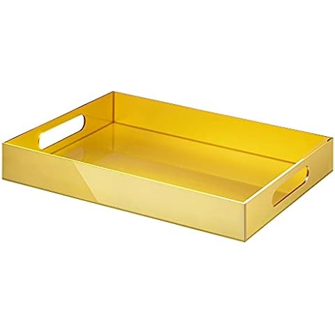 Elavain Acrylic Gold Tray for Coffee Table with Handles, Rectangle Leak Free Food Serving Tray, Large Desk Tray Organizer, Chic Countertop Jewelry Tray Organizer, Sturdy Ottoman Tray |12’’ x 16‘’ Cover